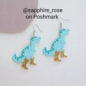 Adorable Blue T Rex Dinosaur in Glittery Boots Women's Earrings Acrylic Jewelry